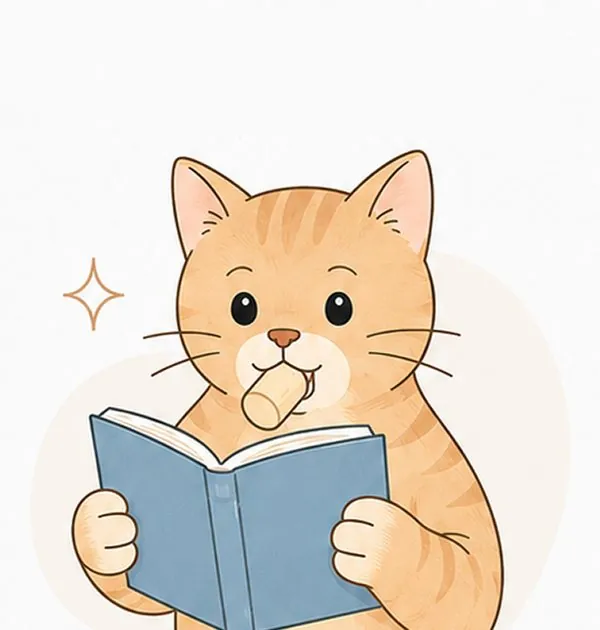 Кот с пробкой во рту читает книгу